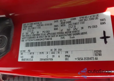 2016 Ford F-150 Xlt from USA, damaged, VIN 1FTEW1C89GKD70616